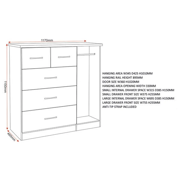 Nevada Small Single 5 Drawer Wardrobe 18 Nevada Small Single 5 Drawer Wardrobe - Image 18