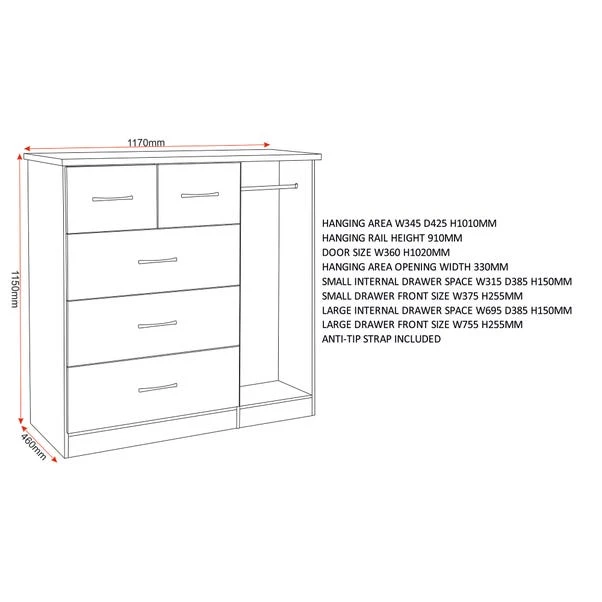 Nevada Small Single 5 Drawer Wardrobe 9 Nevada Small Single 5 Drawer Wardrobe - Image 9