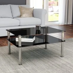 AVF Large Coffee Table, Black Glass With Chrome Legs
