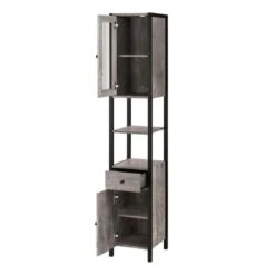 Colton Concrete Effect Tallboy Storage Unit With Mirrored Door -Furniture Store 30869873 alt03