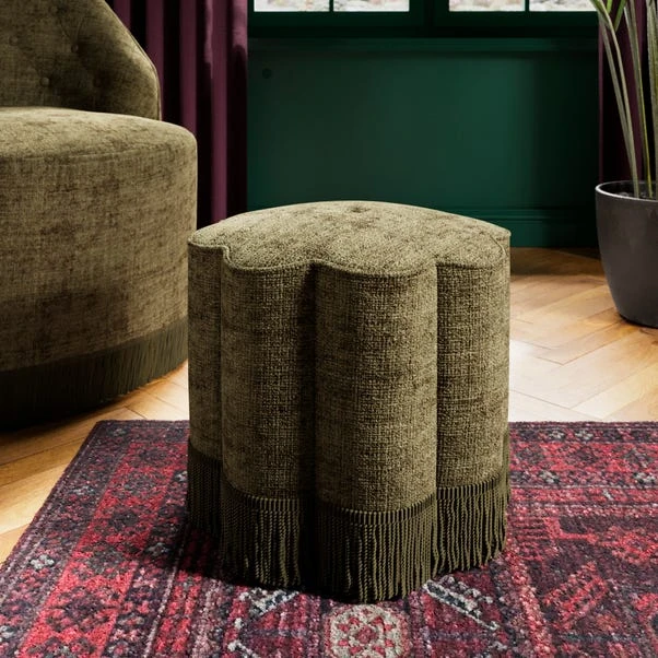 Flower Tassel Distressed Chenille Footstool 1 Flower Tassel Distressed Chenille Footstool